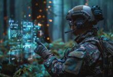 A soldier uses a handheld device to employ artificial intelligence for data analysis to guide rapid planning and execution of tactical-level operations