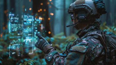 A soldier uses a handheld device to employ artificial intelligence for data analysis to guide rapid planning and execution of tactical-level operations