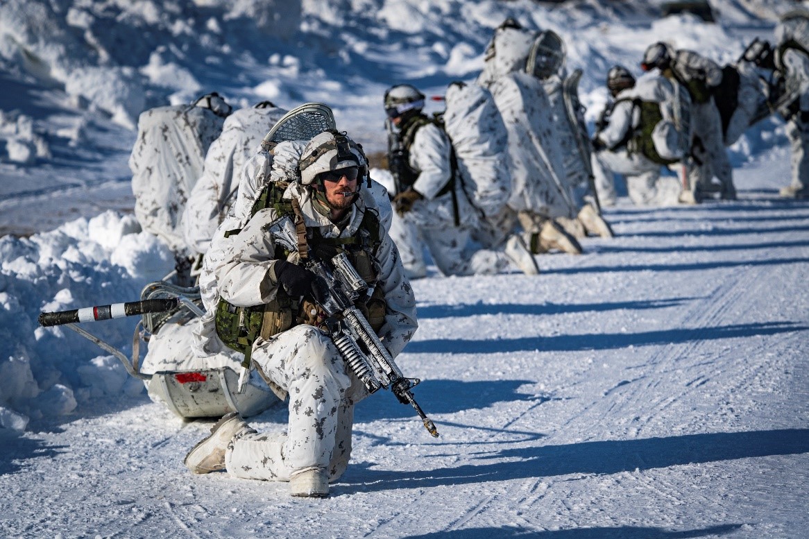 Troops in formation at an icy environment.