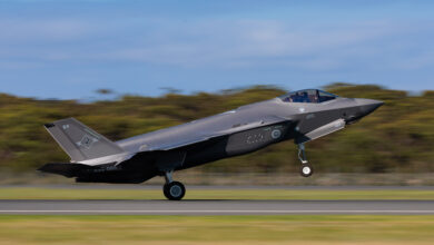 A Royal Australian Air Force F-35A Lightning II aircraft arrives at RAAF Base Williamtown, NSW. *** Local Caption *** Exercise Lightning Ferry 24 was conducted during November and December 2024, culminating with delivery of the final F-35A Lightning II aircraft to be acquired by the Air Force at RAAF Base Williamtown. The aircraft travelled from Nellis Air Force Base, in the United States of America, supported by Air Forces KC-30A Multi-Role Tanker Transport aircraft from No 33 Squadron, and a C-17A Globemaster III from No 36 Squadron. Australia has now received all of the F -35A Lightning II fleet.