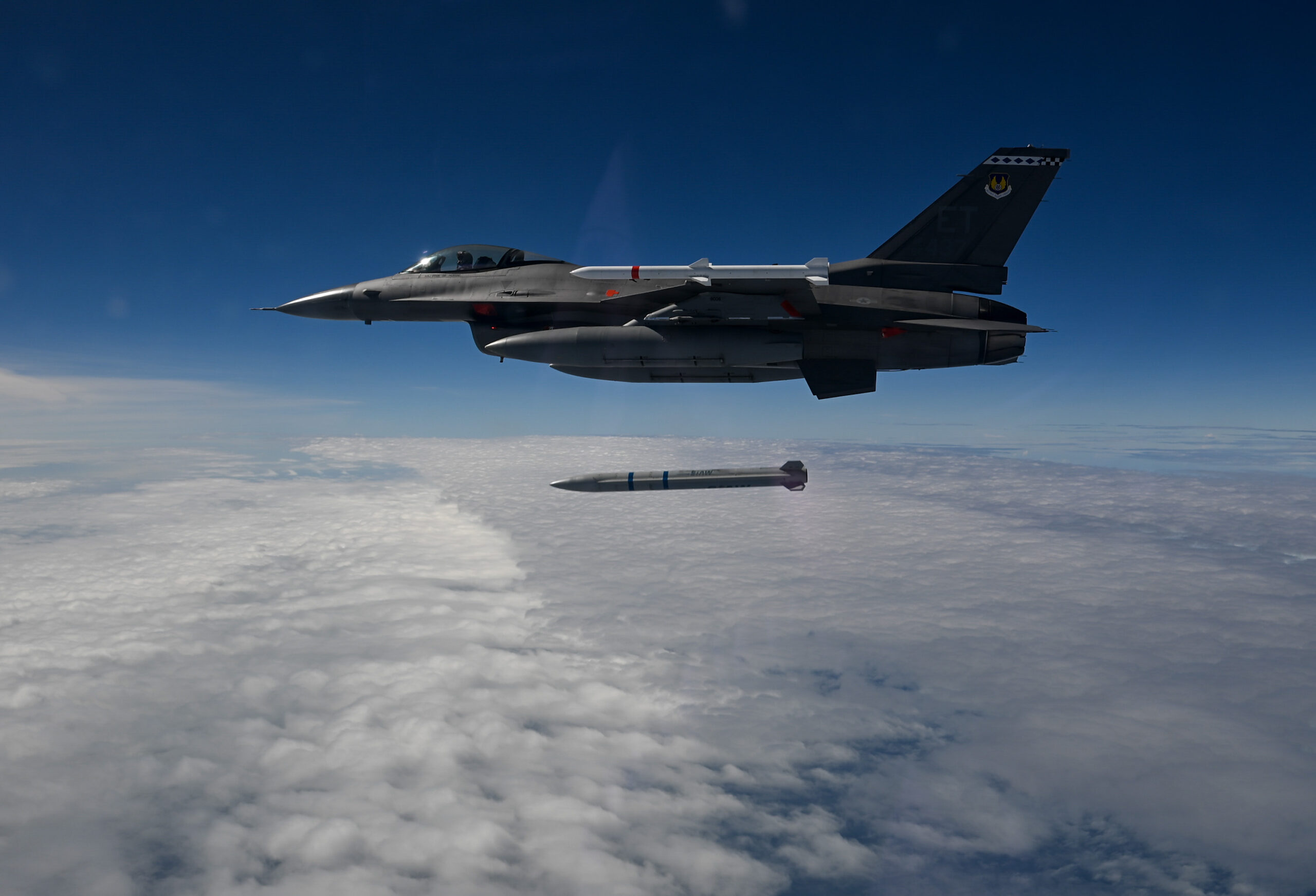 A 40th Flight Test Squadron F-16 Fighting Falcon releases a Stand-in Attack Weapon at Eglin Air Force Base, Florida.