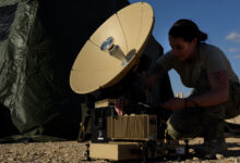 Senior Airman Elizabeth Arthur, 1st Combat Communications Squadron radio frequency transmission systems technician, sets up a Panther satellite communications terminal at Uvda Air Force Base, Israel, Oct. 30, in support of Blue Flag 17. The U.S. and Israel share a strong and long-lasting relationship in addition to a close military partnership, and exercises like this further strengthen the relationship of our nations and promote regional peace and stability. (U.S. Air Force photo/Senior Airman Abby L. Finkel)