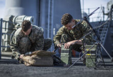 190315-M-EC058-0043 PACIFIC OCEAN (March 15, 2019) U.S. Marine Corps Lance Cpl. Gregory Weldon (left) and Cpl. Juan Perezramos, both field radio operators with Lima Company, Battalion Landing Team 3/5, 11th Marine Expeditionary Unit (MEU), assemble satellite communication antennas aboard the amphibious assault ship USS Boxer (LHD 4). The Marines and Sailors of the 11th MEU are conducting routine training as part of the USS Boxer Amphibious Ready Group in the eastern Pacific Ocean. (U.S. Marine Corps photo by Lance Cpl. Dalton S. Swanbeck)