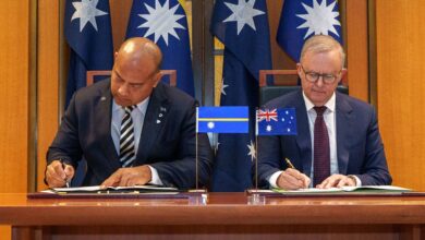 President of Nauru David Adeang and Prime Minister of Australia Anthony Albanese sign a landmark security treaty on December 9, 2024