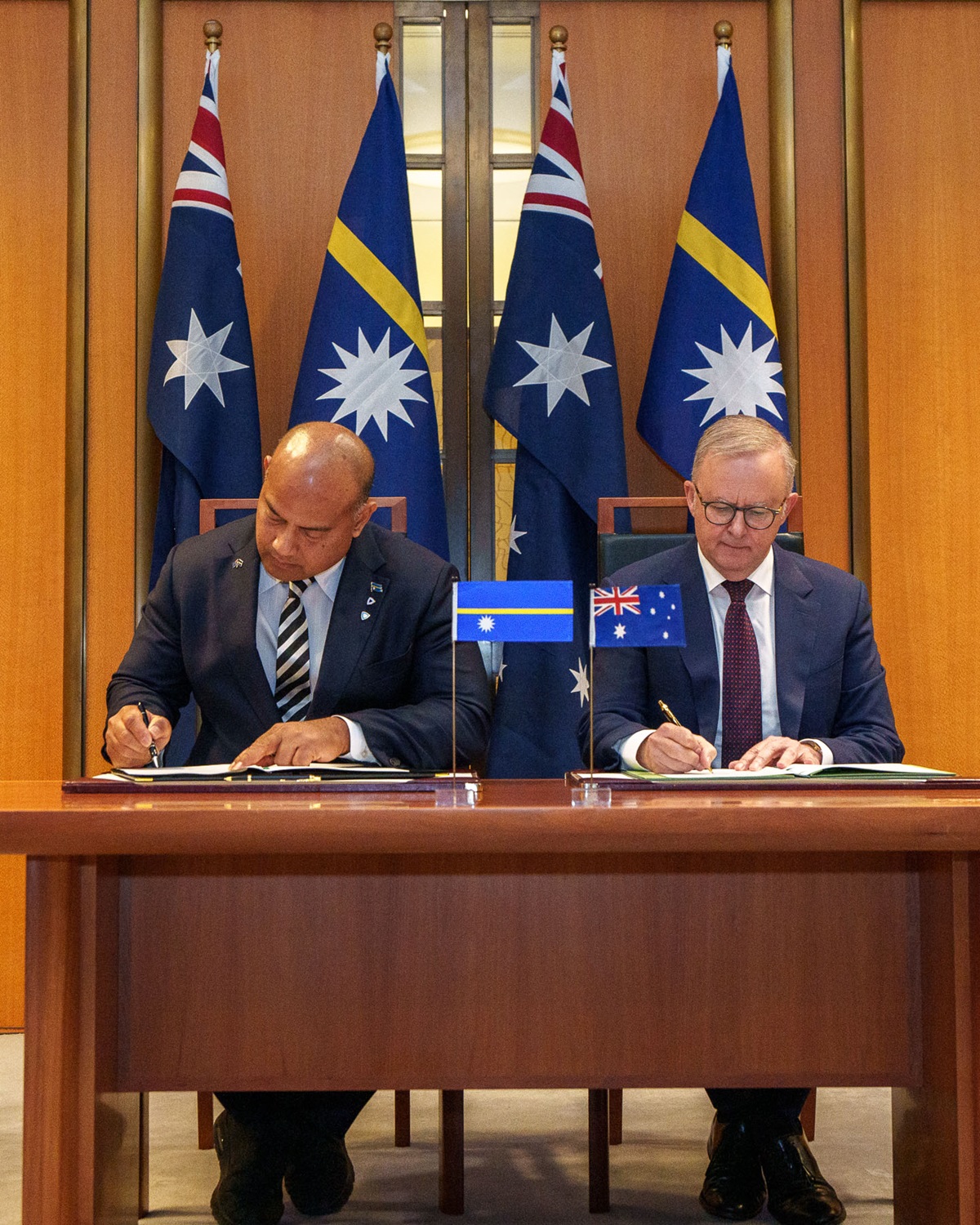 President of Nauru David Adeang and Prime Minister of Australia Anthony Albanese sign a landmark security treaty on December 9, 2024