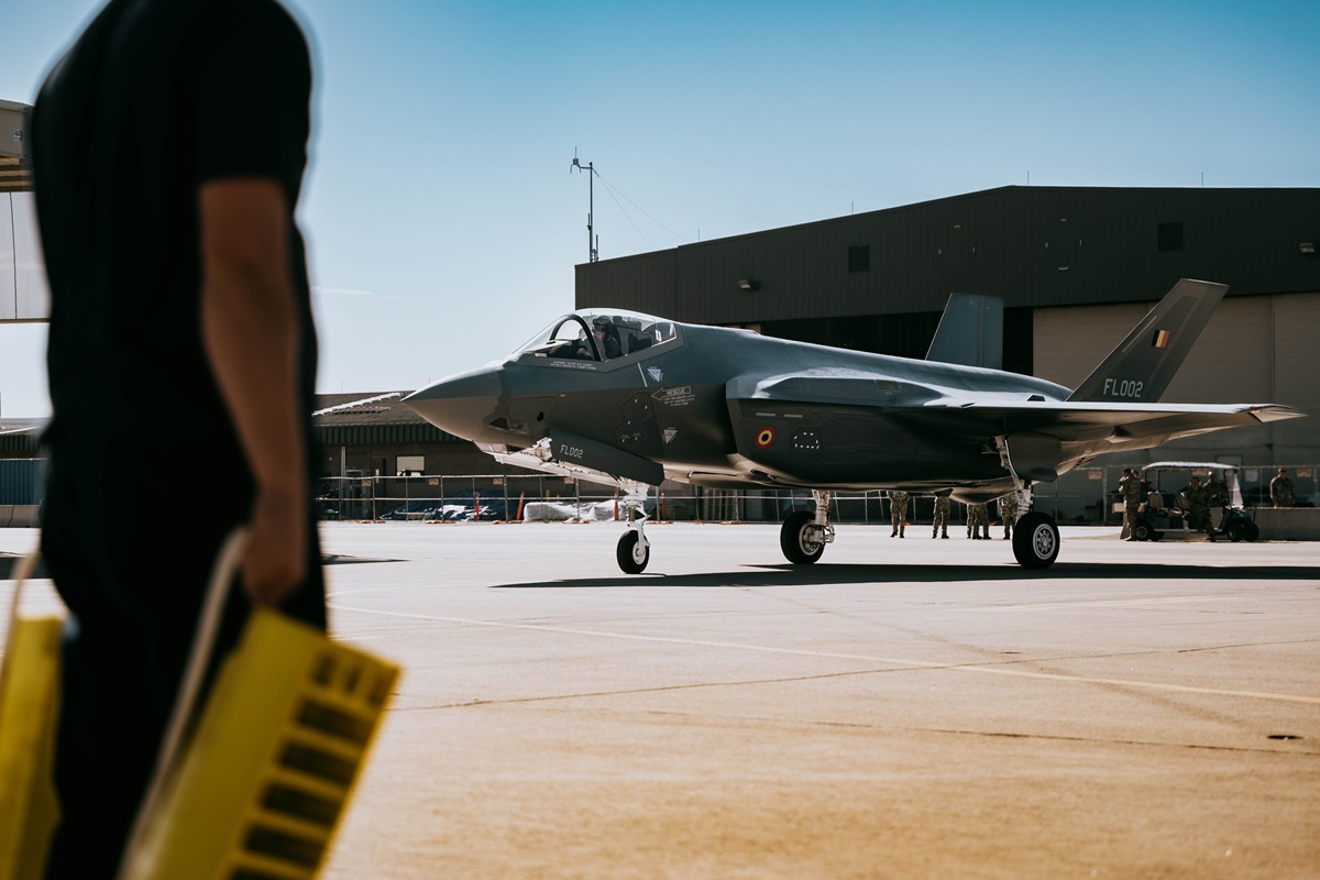 Belgian Air Force aircraft tail number FL002 lands at Luke Air Force Base in Arizona, USA