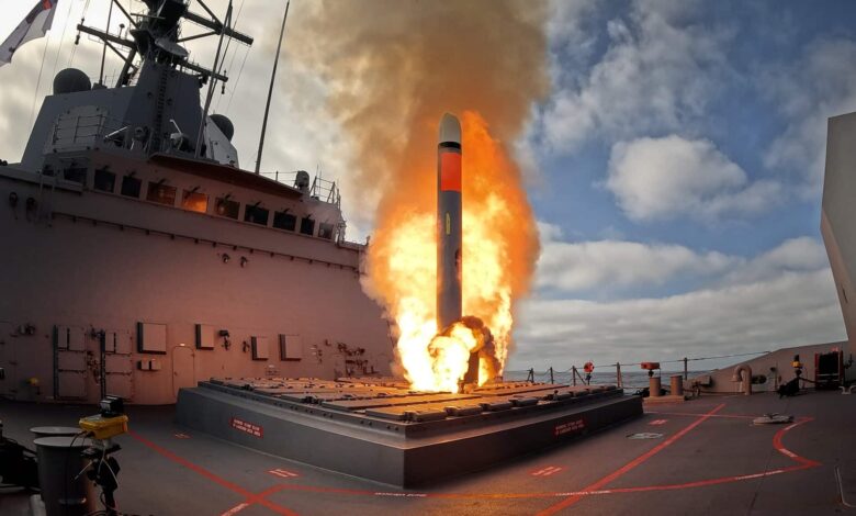HMAS Brisbane fires a Tomahawk Weapon System off of the cost of San Diego, United States
