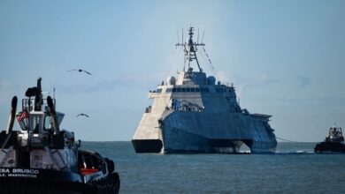 Under the guidance of two tugboats, USS Savannah (LCS 28) enters the harbor at Naval Surface Warfare Center, Port Hueneme Division (NSWC PHD) in California on Feb. 9 for a Combat Systems Assessment Team event