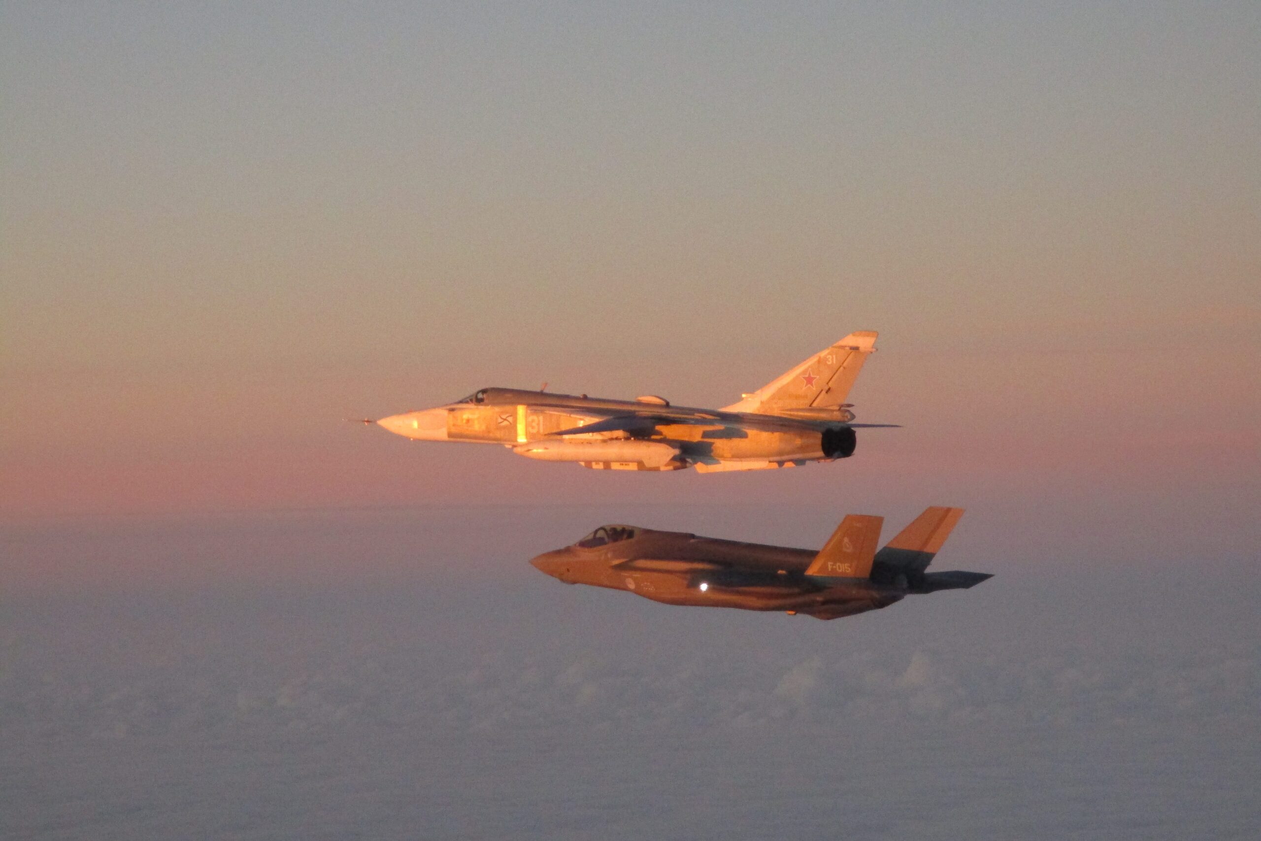 Dutch F-35 escorts a Russian Sukhoi Su-24 Fencer tactical bomber over the Baltic Sea. Photo: Netherlands Ministry of Defence