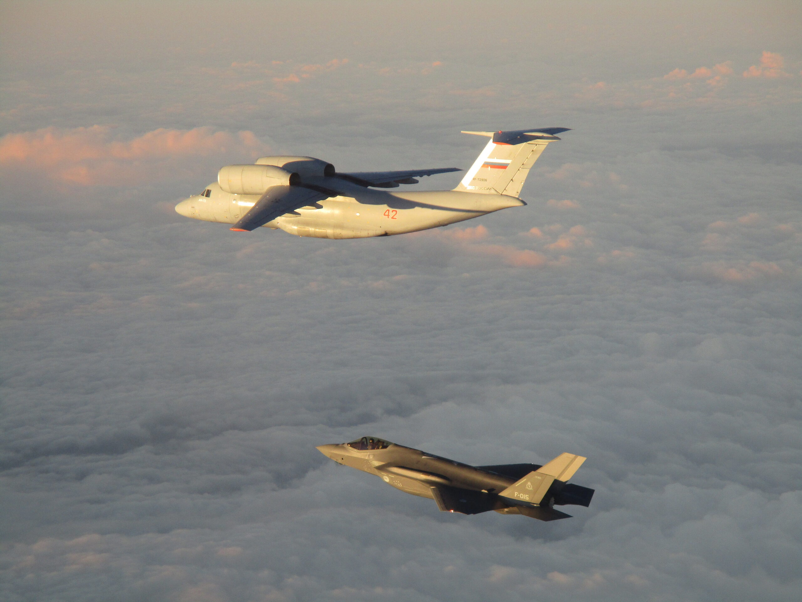 Dutch F-35 escorts a Russian Antonov An-72 Coaler transport aircraft over the Baltic Sea. Photo: Netherlands Ministry of Defence