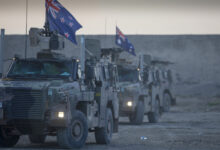 Protected Mobility Vehicles line up for a range practice at the Taji Military Complex, Iraq. *** Local Caption *** The Task Group Taji Quick Reaction Force are responsible for base defence at the Taji Military Complex, Iraq and conduct routine patrols. They also provide security overwatch for coalition forces as they train the Iraqi Security Forces to combat Daesh. Task Group Taji is a part of Australia and New Zealands contribution to the US-led Operation Inherent Resolves Building Partner Capacity mission. The ADF effort is part of Operation OKRA and the NZDF effort is part of Operation MANAWA. Task Group Taji has trained more than 46,000 members of the Iraqi Security Forces and law enforcement agency personnel since 2015.