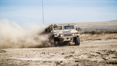 U.S. Army Soldiers assigned to 16th Combat Aviation Brigade drive a HUMVEE through dusty terrain at Orchard Combat Training Center, Idaho, Oct. 8, 2016. Over 1,000 soldiers from 7th Infantry Division are participating in Raptor Fury, an exercise to validate 16th CAB's mission readiness.