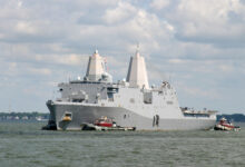 The amphibious transport dock ship USS San Antonio (LPD 17) returns to Naval Station Norfolk after completing the second phase of a two-part series of sea trails. The sea trials evaluated shipboard systems and developed crew proficiency.