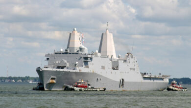 The amphibious transport dock ship USS San Antonio (LPD 17) returns to Naval Station Norfolk after completing the second phase of a two-part series of sea trails. The sea trials evaluated shipboard systems and developed crew proficiency.