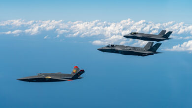 A U.S. Marine Corps XQ-58A Valkyrie, highly autonomous, low-cost tactical unmanned air vehicle, conducts its second test flight with two U.S. Air Force F-35A Lightning II aircraft assigned to 33rd Fighter Wing, 96th Test Wing at Eglin Air Force Base, Fla., Feb. 23, 2023. The XQ-58A Valkyrie test flight and the data collected inform future requirements for the Marine Corps in a rapidly evolving security environment, while successfully fueling joint innovation and experimentation opportunities. (U.S. Air Force photo by Master Sgt. John McRell)