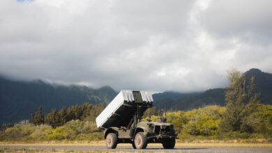 The Navy Marine Expeditionary Ship Interdiction System is placed on a gravel road on Marine Corps Training Area Bellows, Hawaii, Oct. 24, 2024. The NMESIS provides the Marine Corps a highly deployable, land-based, anti-ship system that is a key capability for the Marine Littoral Regiment. (U.S. Marine Corps photo by Cpl. Eric Huynh)