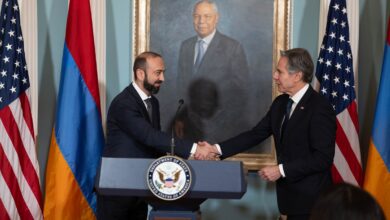 Armenian Foreign Minister Ararat Mirzoyan shakes hands with US Secretary of State Antony Blinken to launch the U.S.-Armenia Strategic Partnership Commission to intensify cooperation on mutual interests