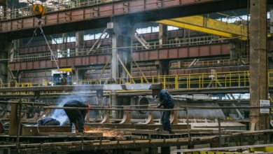 Workers laying the keel for the Belgian Navy's Liege mine countermeasures vessel