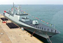 An aerial drone photo taken on Jan. 22, 2025 shows China's first Type 054B frigate in Qingdao, east China's Shandong Province. China's first Type 054B frigate, the Luohe, was commissioned in the People's Liberation Army (PLA) Navy on Wednesday morning at a military port in Qingdao.