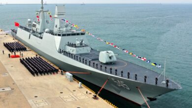 An aerial drone photo taken on Jan. 22, 2025 shows China's first Type 054B frigate in Qingdao, east China's Shandong Province. China's first Type 054B frigate, the Luohe, was commissioned in the People's Liberation Army (PLA) Navy on Wednesday morning at a military port in Qingdao.