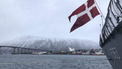 The Niels Juel at the quay in the north-Norway town of Tromsø, the characteristic Arctic Cathedral can be seen in the background