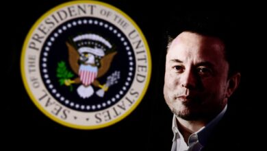 Portrait picture of Elon Musk with the seal of the president of the United State screened