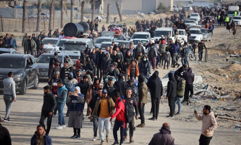 Displaced Palestinians return to their homes following the ceasefire between Israel and Hamas in Rafah, southern Gaza Strip, on January 19, 2025.