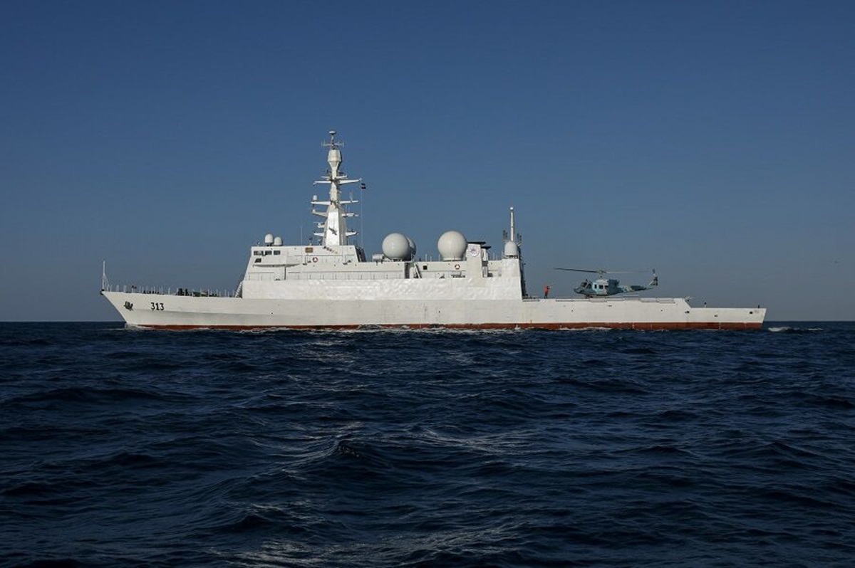 The Iranian army's first signals intelligence ship, named Zagros, at sea