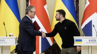 Ukrainian President Volodymyr Zelensky and Keir Starmer, Prime Minister of the United Kingdom, shake hands after a joint press conference in Kyiv, Ukraine, on January 16, 2025.