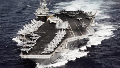 The USS John F. Kennedy (CV 67) conventionally-powered aircraft carrier