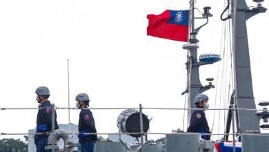 Naval soldiers stand guard on a corvette, during a Navy Drill for Preparedness Enhancement during an Army Preparedness Enhancement Drill ahead of the Chinese New Year, amid escalating Chinese threats to the island, in Keelung, Taiwan, on Jan 7, 2022.