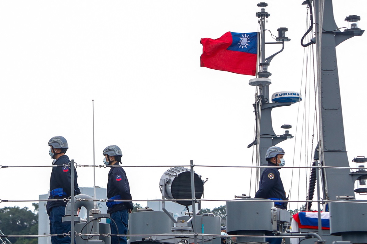 Naval soldiers stand guard on a corvette, during a Navy Drill for Preparedness Enhancement during an Army Preparedness Enhancement Drill ahead of the Chinese New Year, amid escalating Chinese threats to the island, in Keelung, Taiwan, on Jan 7, 2022.