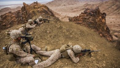 US Marines fire a M110 semi-automatic sniper system during live-fire range training at Camp Titin, Jordan