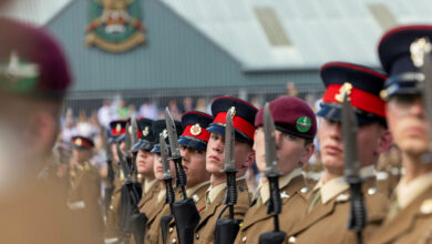 The troops conduct the drill movement in open order on parade with the colours, at the pass out parade in Army Foundation College (AFC) Harrogate. More than 400 marched onto the parade square to mark the successful completion of their Phase One training. The prestigious ceremony is the culmination of months of intensive training, nurturing and education that is tailored exclusively to junior soldiers. Their final exercise is an intense, seven-day battle camp encompassing all they have learnt during their time at AFC Harrogate. The 17 and 18-year-olds will now go on to complete their trade training before joining regiments across the UK. The College based at Uniacke Barracks in Harrogate, North Yorkshire, provides a unique combination of military basic training and vocational training. It has two intakes a year in March and September and runs two types of courses. A 49-week course (including eight weeks holiday) for those joining the infantry, Royal Armoured Corps/Household Cavalry, Royal Artillery and some Royal Logistic Corps roles. A 23-week course (including three weeks holiday) for those joining courses with longer Phase 2 training – these are Royal Electrical and Mechanical Engineers, Royal Engineers, Royal Signals, Adjutant General’s Corps, Royal Army Medical Corps, Army Air Corps and some Royal Logistic Corps roles. The military training syllabus teaches the Junior Soldiers the basics of soldiering, from how to look after their kit to how to safely handle and fire an assault rifle. They learn fieldcraft and take part in military exercises.