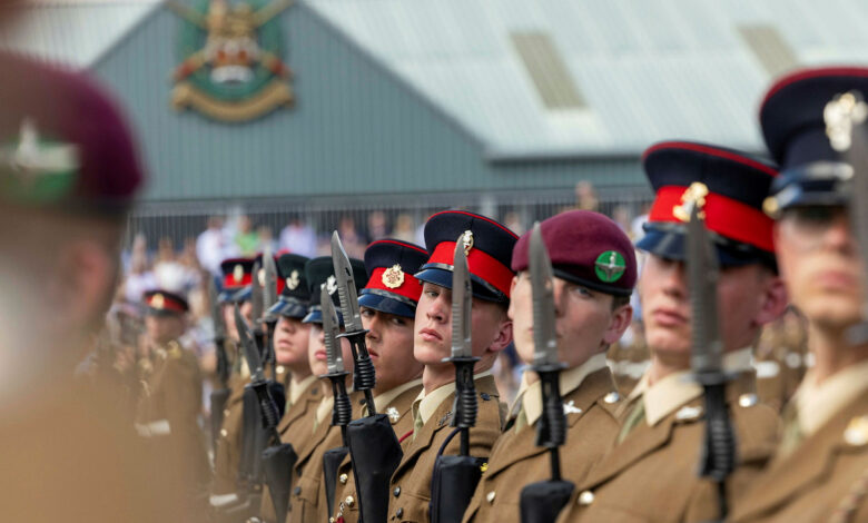 The troops conduct the drill movement in open order on parade with the colours, at the pass out parade in Army Foundation College (AFC) Harrogate. More than 400 marched onto the parade square to mark the successful completion of their Phase One training. The prestigious ceremony is the culmination of months of intensive training, nurturing and education that is tailored exclusively to junior soldiers. Their final exercise is an intense, seven-day battle camp encompassing all they have learnt during their time at AFC Harrogate. The 17 and 18-year-olds will now go on to complete their trade training before joining regiments across the UK. The College based at Uniacke Barracks in Harrogate, North Yorkshire, provides a unique combination of military basic training and vocational training. It has two intakes a year in March and September and runs two types of courses. A 49-week course (including eight weeks holiday) for those joining the infantry, Royal Armoured Corps/Household Cavalry, Royal Artillery and some Royal Logistic Corps roles. A 23-week course (including three weeks holiday) for those joining courses with longer Phase 2 training – these are Royal Electrical and Mechanical Engineers, Royal Engineers, Royal Signals, Adjutant General’s Corps, Royal Army Medical Corps, Army Air Corps and some Royal Logistic Corps roles. The military training syllabus teaches the Junior Soldiers the basics of soldiering, from how to look after their kit to how to safely handle and fire an assault rifle. They learn fieldcraft and take part in military exercises.