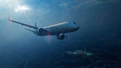 Airbus French Maritime Patrol Aircraft A321 MPA flying in an evening thunderstorm