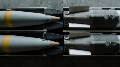 Four GBU-39 small diameter bombs sit in the munitions storage area at Al Udeid Air Base, Qatar, Nov. 27, 2020.