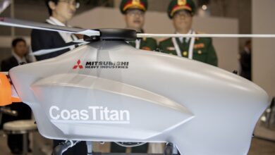 A model of a helicopter drone is seen during the international Trade-show MAST Asia 2019, Maritime, Air Systems and Technologies, in Chiba, Tokyo, June 17, 2019, Japan.