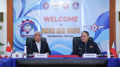 Japanese defense minister Nakatani Gen and his Philippine counterpart Gilberto Teodoro Jr. seated beside each other at the Philippine Basa Air Base