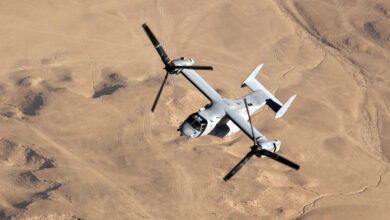 An MV-22B Osprey with Marine Medium Tilt rotor Squadron-263, flies over the Al Anbar province of Iraq during a mission out of Al Asad Air Base.