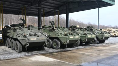 Upgraded double-V hull Strykers sit at Fort Indiantown Gap, Pa., on Feb. 27, 2005. The 56th Stryker Brigade Combat Team is receiving 324 upgraded Strykers and 300 Joint Light Tactical Vehicles as part of a program to modernize the brigade. (Pennsylvania National Guard photo by Brad Rhen)