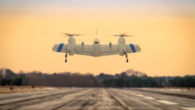 Sikorsky rotor blown wing UAS hovering above a runway