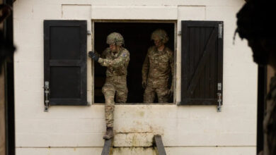 Soldiers at an urban warfare training in Wiltshire, England.