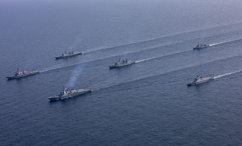 230427-N-CD453-2001 YELLOW SEA (April 27, 2023) Arleigh Burke-class guided-missile destroyer USS John Finn (DDG 113) sails in formation with Republic of Korea Navy ships Sejong the Great-class guided-missile destroyer ROKS Sejong the Great (DDG 991), Daegu-class frigate ROKS Seoul (FFG-821), Gwangaetto the Great-class multipurpose destroyer ROKS Eulji Mundeok (DDH-972), Chungmugong Yi Sun-sin-class multipurpose destroyer ROKS Choe Yeong (DDH 981), and Ulsan-class frigate ROKS Cheongju, during Maritime Counter Special Operations Exercise (MCSOFEX) in the Yellow Sea, April 27. John Finn is assigned to Commander, Task Force 71/Destroyer Squadron (DESRON) 15, the Navy’s largest forward-deployed DESRON and U.S. 7th Fleet’s principal surface force. (U.S. Navy photo by Mass Communication Specialist 2nd Class Samantha Oblander)