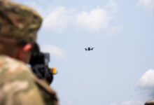 U.S. Soldiers assigned to 3rd Squadron, 2nd Cavalry Regiment practice target lock-on against an incoming drone during Project Flytrap at Joint Multinational Readiness Center, Hohenfels Training Area, Hohenfels, Germany, June 9, 2025. The Soldiers attached a Smartshooter SMASH 2000L to M4A1 carbine rifles for improved sight picture and accuracy. (U.S. Army photo by Spc. Elijah Magaña)
