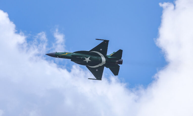 PAC JF-17 Thunder multirole combat aircraft, a fighter jet made in China and Pakistan. The Pakistani plane is painted with the country's flag as it belongs to Pakistan Air Force. The aircraft performed a flight demo, flying demonstration at the 53rd Paris Air Show at Le Bourget Airport in France on June 2019. The advanced and sophisticated fighter jet is developed jointly by the Pakistan Aeronautical Complex (PAC) and the Chengdu Aircraft Corporation (CAC) of China. (Photo by Nicolas Economou/NurPhoto) (Photo by Nicolas Economou / NurPhoto via AFP)