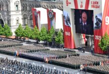 Soldiers, formation, parade, military parade of the Russian Army on Red Square in Moscow on May 9, 2025. Military parade to mark the 80th anniversary of Victory in the Great Patriotic War. Russia's parade to mark the 80th anniversary of the victory over Nazi Germany. Photo: The Kremlin Moscow via (Photo by The Kremlin Moscow / The Kremlin Moscow / dpa Picture-Alliance via AFP)