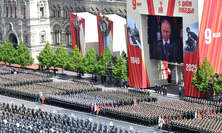Soldiers, formation, parade, military parade of the Russian Army on Red Square in Moscow on May 9, 2025. Military parade to mark the 80th anniversary of Victory in the Great Patriotic War. Russia's parade to mark the 80th anniversary of the victory over Nazi Germany. Photo: The Kremlin Moscow via (Photo by The Kremlin Moscow / The Kremlin Moscow / dpa Picture-Alliance via AFP)