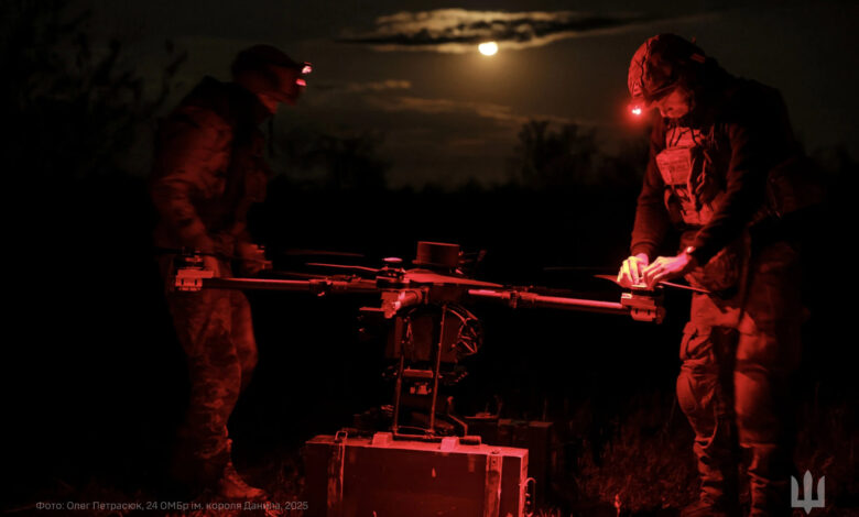 Troops setting up a drone at night