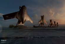 Artist's illustration of Shield AI's X-BAT drones being prepared for vertical launch.